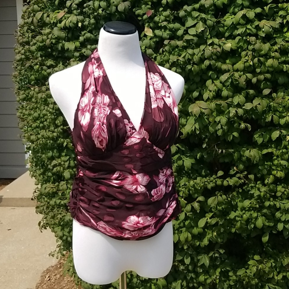JS Collections Floral Halter Top - Burgundy and Pink